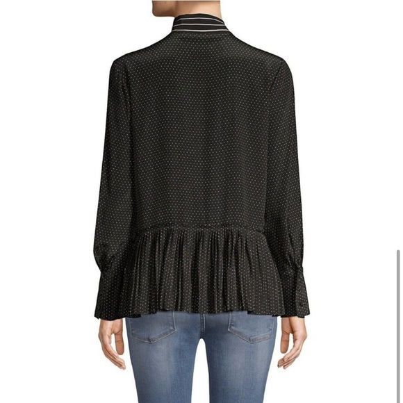 Frame Black and white Polka Dot Peplum Pleated Blouse Tie Neck Long Sleeve top - Picture 2 of 7